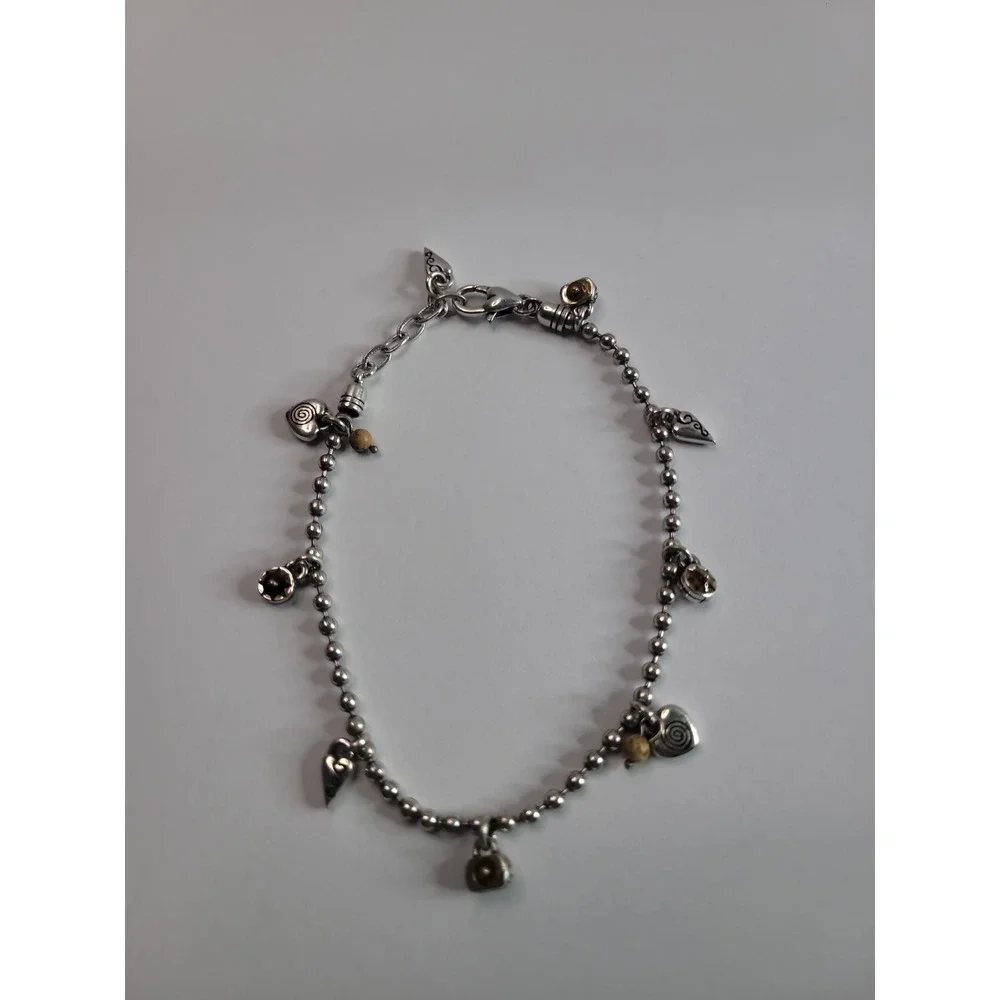 Silver Tone Heart Charm Anklet Brown Bead Boho Adjustable Jewelry